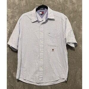 3/$20‎ Vintage Tommy Hilfiger shirt Medium Blue Button Seersucker Short Sleeve